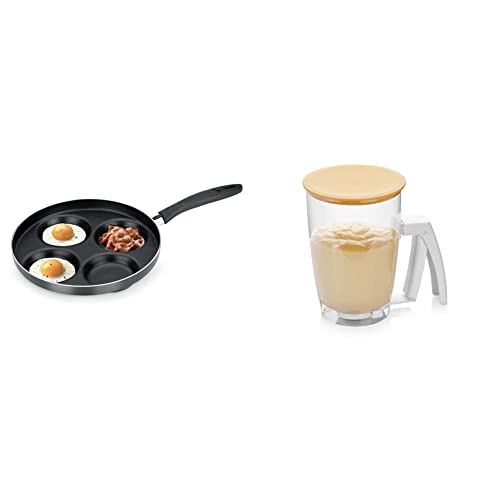 Tescoma 594244 Padella Quattro Cerchi Antiaderente, Per Cucinare Pancake, Uova E Hamburger, Diametro 24 Cm, Nero & 630342 Delicia Dispenser per Pastella, Plastica, 1 Litro