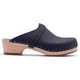 Sandgrens Handmade Swedish Wood Clogs for Women, Low Heel Mule US 9 | Tokyo Navy Nubuck LT, EU 40