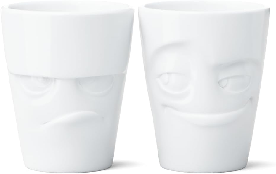 FIFTYEIGHT PRODUCTS TASSEN Porcelain Mug Set No. 1, Grumpy Face & Impish Face, 11 oz. White (Set of Two Mugs, No Handles)