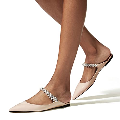 Xiniuniu Women Flat Mules Patent Leather Strapped Mules Pointed Toe Slip On Sandals For Women Rhinestones Bridal Dress Shoes Us Size 8 Nude #TOP4
