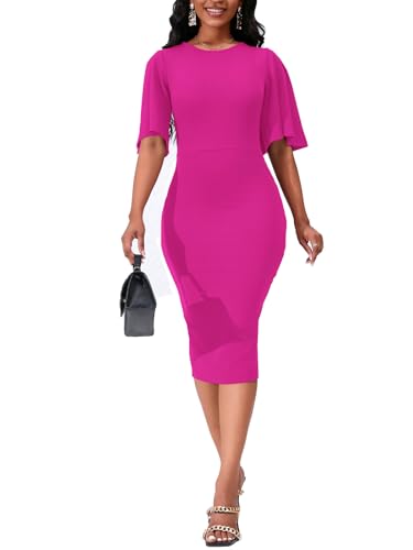 Image of Bdwinz Women's Basic Bodycon Ruffle Flared Short Sleeve Pencil Midi Dress
