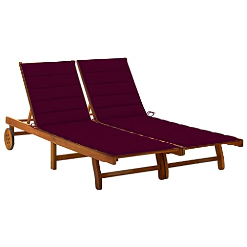 Teenpull Tumbona de madera maciza de acacia para 2 personas, color rojo vino, respaldo ajustable, ruedas, para jardín, terraza, piscina, 200 x 123 cm