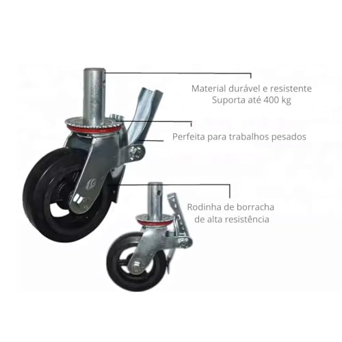 Kit 4 Rodízios Rodas Para Andaime Giratórias Rodinhas C Trava P/Andaime Até 1600kg