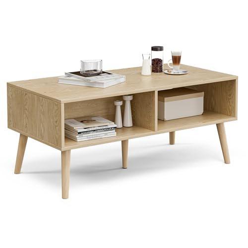 ZttRiee Coffee Table with Storage, Boho Dining Table with Rattan Drawer and Solid Wood Legs, Small Coffee Tables for Living Room, Oak