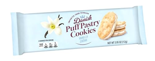 Danish Puff Pastry Cookies: Vanilla Creme Sandwich Cookies with Caramelized Sugar Coating, European Import from Denmark, Light Layers & Crispy Snack Treat, 3.95oz Bag