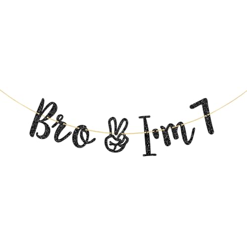 Halodete Bro I'm 7 Banner - Boy Seven Years Old Banner, 7th Birthday Gifts, Happy 7th Birthday Party Bunting Decorations - Black Glitter