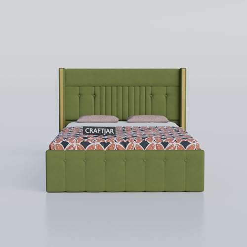 Image of Solid Wood Upholstered Single Bed for Bedroom with Storage | Premium Fabric with Button Tufted Headboard | Wooden Single Cot /Palang for Home | Modern Single Bed | Green