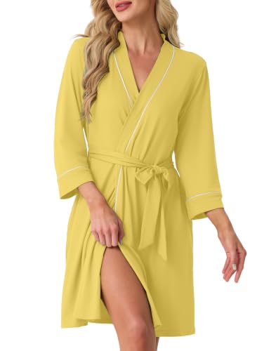 Image of PrinStory Womens Robe Knee Length Soft Knit Bathrobe S-2XL | V-Neck 3 /4 Sleeve Robes with Pockets, Lightweight, Breathable Bath Robe for Shower, Spa, Travel, Home, Party, Nursing