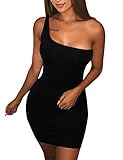 BORIFLORS Women's Casual Basic One Shoulder Tank Top Bodycon Mini Club Dress,Small,Black