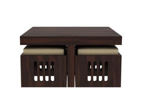 Image of RECTART Solid Sheesham Wood Coffee Table with 4 Stools | Center Table for Living Room with Cushioned Stools | Teapoy for Living Room | Walnut Finish