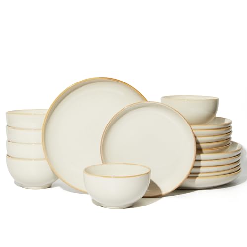 Image of Pokini Stoneware Dinnerware Sets for 6, 18 Piece Microwave Safe Plate and Bowl Set, Easy to Clean & Durable Dishes Sets for Small to Medium Families, Yellow White