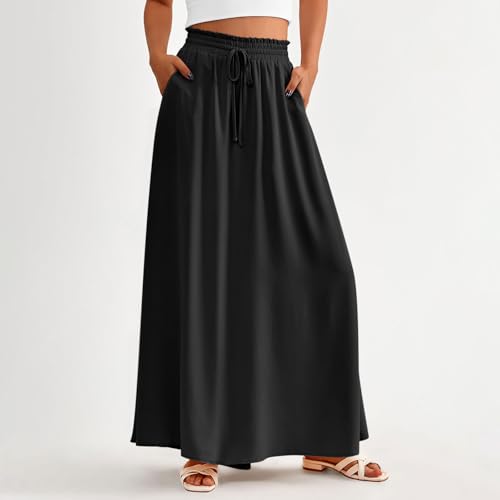 Women Maxi Skirt Long Flowy Pleated High Waisted with Pockets Summer Fall Casual Elastic Waist A-Line Skirts3