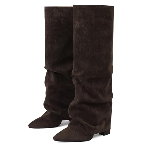 Image of SaraIris Women's Slouchy Knee High Boots - Black, Pointed Toe, Fold Over, Chunky, Shark Boots