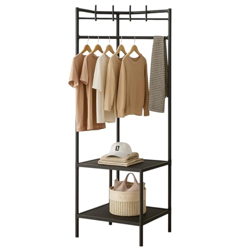 Organizador Multiuso com Cabideiro de Canto – Prateleiras com Ganchos e Cabideiro – Arara Alta com 3 Níveis – 185cm x 40cm x 40cm (Preto)