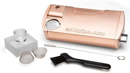 Solopipe Self Lighting Smoking Pipe with Glass Bowl & Refillable Lighter - One Handed Ignition & Adjustable Flame - Built in Glass Bowl Insert for Clean Flavor - Portable & Discreet - Rose Gold