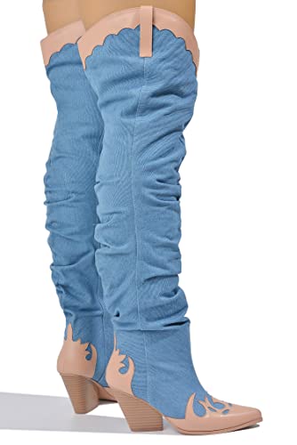 Cape Robbin Jean Over The Knee Cowboy Western Boots With Chunky Block Heels For Women Jeans - Denim 8.5 #TOP2