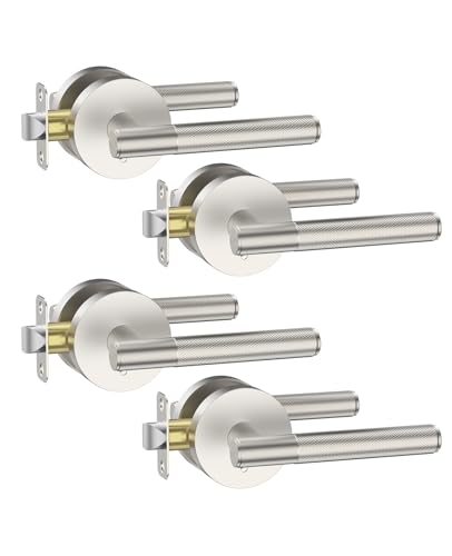 Asidrama 4 Pack Privacy Brushed Satin Nickel Door Handles Door Lever with Door Knobs Indoor for Bedroom or Bathroom Heavy Duty Door Handles Interior with Locks for Left Right Sided Doors