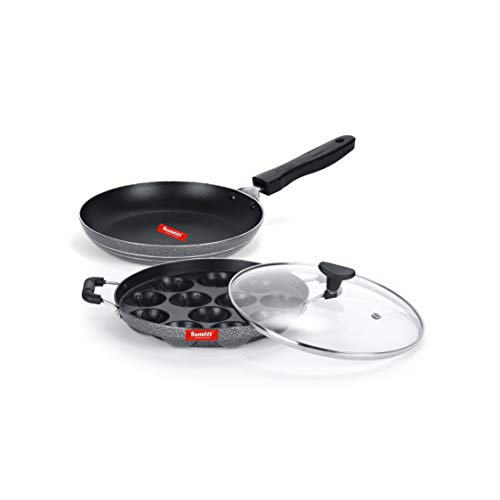 Image of SUMEET Aluminium NonStick Striae Bro Cookware Set (Silver , Tapper Pan - 0.6Ltr - 20Cm, Grill Appam Patra with Glass Lid - 12 Cavity - 22cm Dia)