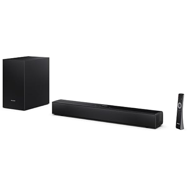 Sharp HT-SBW121 Тонкий 2.1 саундбар с беспроводным сабвуфером, Bluetooth с HDMI ARC/CEC, 240 Вт, цифровое оптическое аудио, AUX, USB воспроизведение, 55 см, черный