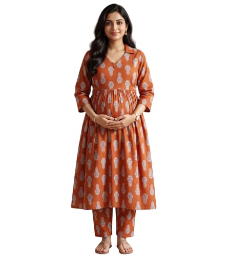 Image of DUMMY SHAPE Maternity Dresses for Women Cotton | Floral Kurta Pant Dupatta Set with Nursing Zippers, Side Pocket | Pre & Post Pregnancy | Feeding Kurti Suit | Baby Shower | Gifts for Pregnant Woman