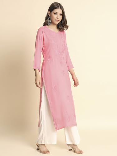 Image of VAIRAGEE Women's Embroidered Lukhnavi Chikankari Work Straight Rayon Ethnic Kurta | Casual Office Kurta for Women