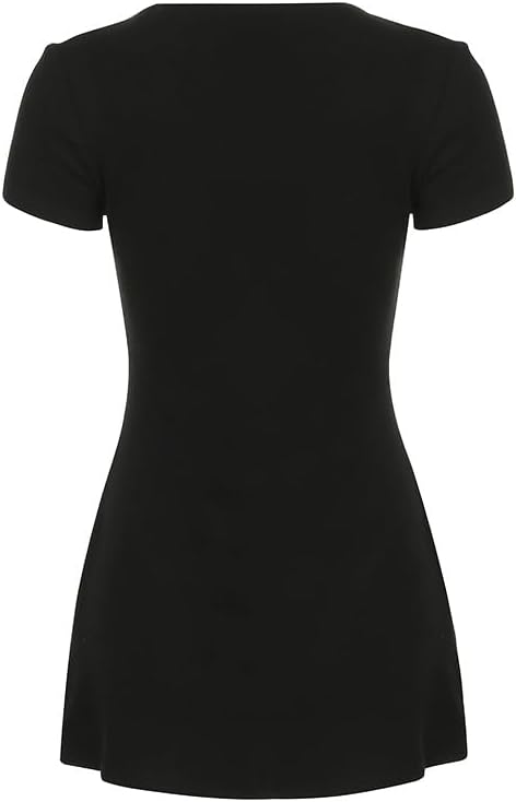 Women Sexy Deep V Neck Button Front Knit Mini Dress Elegant Short Sleeve Ribbed Flowy Hem A-Line Short Dress - Image 8