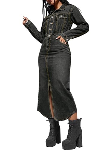 ORANDESIGNE Jeanskleid Damen Lang Jeans Kleid Langarm Jeanskleider Herbst Maxi Jeanskleid mit Hoher Taille D Schwarz L