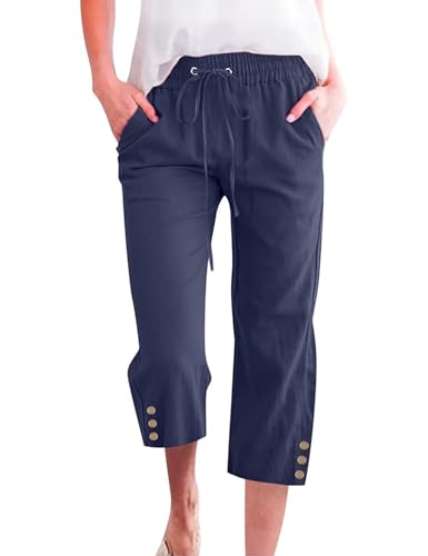 Schine Women Cozy Capris Lightweight High Waist Elastic Drawstring Pants with Pockets Loose Button Trim Cropped Trousers