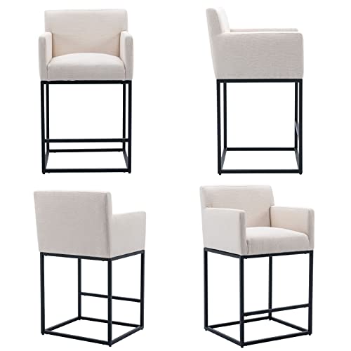 Image of Modern Counter Height Bar Stools Set of 6, Linen Fabric Upholstered Bar Stools with Backs, 26 Inch Kitchen Island Stools with Black Metal Frame, Cream