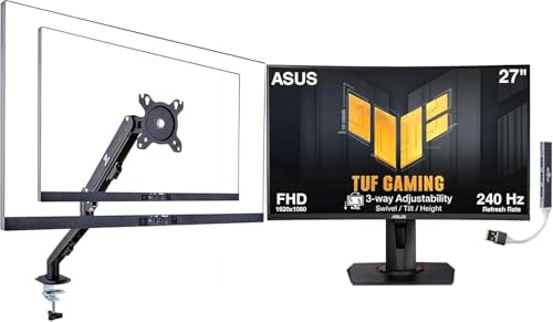 Image of ASUS TUF 27 inch 240Hz FHD Curved Gaming Monitor with Adj Tilt /Swivel /Height | Flicker-Free, Adaptive-sync, AMD FreeSync Premium, VESA Mount, HDMI, Displayport w /DKZ Hub, ErgoFlexy Single Mount Arm