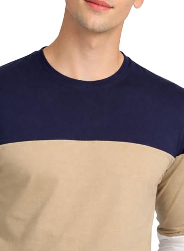 Image of ADRO Men's Full Sleeve T-Shirt Navy Grey Colorblock | Cotton Round Neck Casual Tshirt | Regular Fit Stylish T Shirt