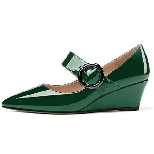 WAYDERNS Women's Adjustable Strap Patent Office Pointed Toe Mary Jane Solid Circle Buckle Wedge Low Heel Pumps Shoes 2 Inch2