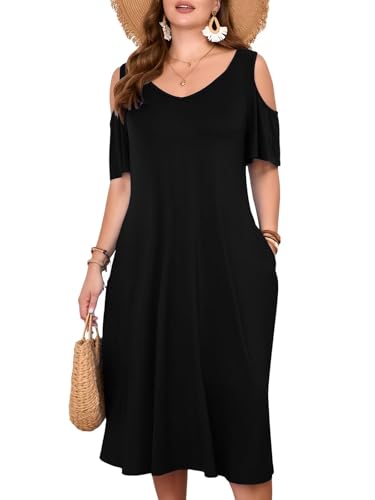 LARACE Plus Size Women Dress for Summer, Midi Women's Sundress, Casual V-Neck Short Sleeve Flowy T-Shirt Dresses with Pockets