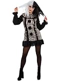 Smiffys Dark Vintage Clown Costume for Women, Creepy Halloween Fancy Dress Outfit with Striped Dress and Neck Ruffle, Ladies Scary Circus Clown Dress Up for Horror Parties Medium
