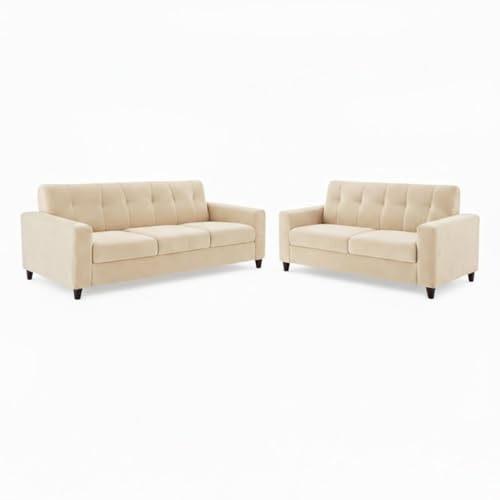 Image of Homeboy Luxe Velvet-Suede Fabric 3 + 2 Seater with Ottoman Sofa Set | Comfortable & Spacious Seating for Upto 6 Person | Modern Sofa Set for Living Room - Cream
