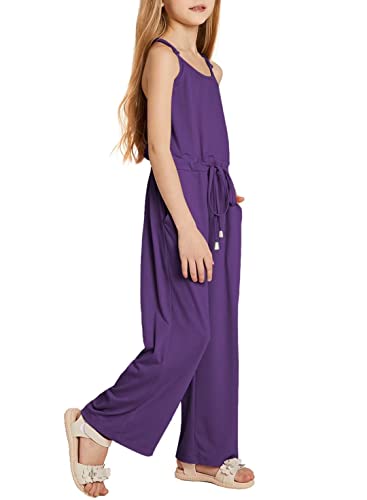 Yoklass Little Girls Sleeveless Relax Fit Jumpsuit Loose Long Solid Casual Romper Jumpsuit For Girls With Side Pockets Purple Size 8-10 #TOP2