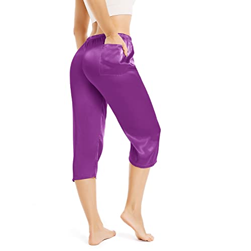 Zeeree Womens Capri Pajamas Pants Silk Satin Sleep Pants Loungewear Elastic Waist Silky Lounge Pj Bottoms With A Pocket (Purple, Small) #TOP4