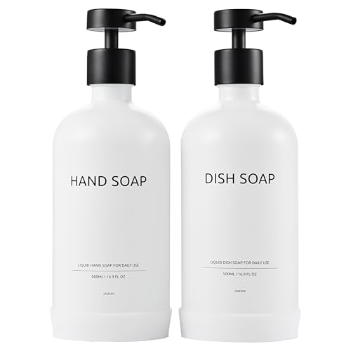 Janxin 2 Stück Seifenspender Weiss Glas, Weiß Pumpspender, 500 ml Soap Dispenser Glass, Shampoo Flaschen Zum Befüllen Glas, Non-Slip Silicone Protective Underlay(Mitesser aus der weißen Flasche)