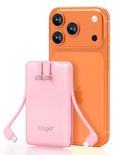 TG90° 5000mAh Portable Charger Built-in AC Wall Plug and Cables, Slim Fast Charging Power Bank, Pocket Size USB C External Battery Pack Compatible with iPhone 17 16 15 14 13 12 Samsung Google iPad