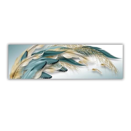 Art mural toile pour salon moderne peinture plume abstraite or et vert avec cadre