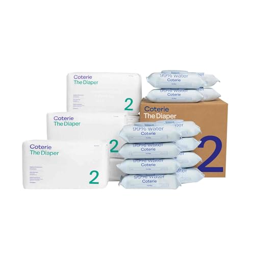 Coterie Baby Diapers + Wipes Baby Kit, 6 Packs Size 2 (186 Count) + 12 Wipe Packs (672 Wipes) Made with Plant-Based Fibers, Hypoallergenic, Designed for Sensitive Skin, Clean Ingredients