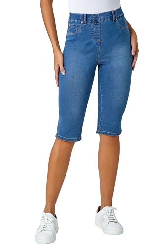 Roman Originals Knee Length Jeggings for Women Ladies Stretch Denim Shorts Jeans Cropped Trouser Capri Pants Summer Cotton Legging Pedal Pusher Legged Crop Spring Cutoff Work - Denim - Size 10