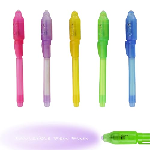 Cutiolly Bolígrafo Tinta Invisible,5 PCS Bolígrafos Invisibles,Lapiz Secreto,Lápiz Espía con Luz UV,Bolígrafo Invisible Niños,Boligrafos Magicos Tinta Invisible