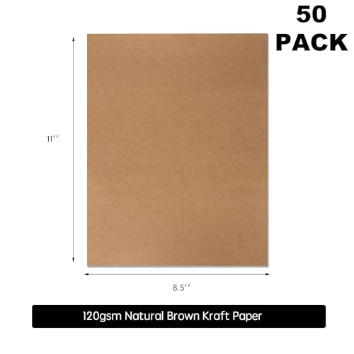 50 Pack Kraft Paper - Brown Stationery Paper- Brown Craft Paper for Arts and Craft, Drawing, D.I.Y. Projects - Letter Size Kraft Paper - Laser & Inkjet Printer Compatible - 8.5 x 11 Inches