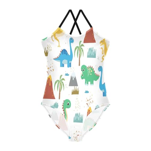 Cute Cartoon Dinosaurs White Girls 1 Piece Swimsuit, Beach Bathing Suit 3-10 Y with Adjustable Shoulder Strap, 3-10 Y