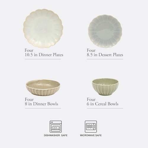 Image of Gibson Elite Malibu Shore 16 Piece Scallop Stoneware Reactive Glaze (Service for 4) Ceramic Plates and Bowls Dinnerware Set - Assorted Color (Shiny Cream White, Blue, Cream, Terracotta)