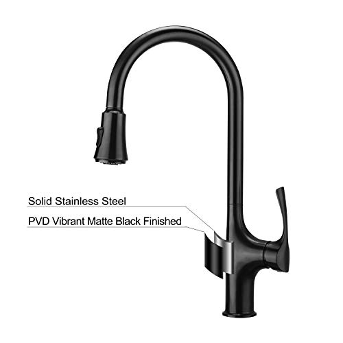 Primy Kitchen Faucets with Pull Down Sprayer, Modern Heavy Duty Lead-Free Single Handle High-Arc Kitchen Sink Faucet with Deck Plate, PVD Vibrant Matte Black Finished, Height 19-13/32“, 2115 - Thumbnail 6