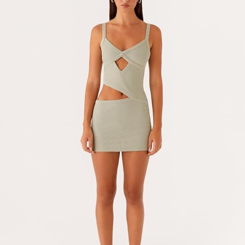 Image of Women Sexy Cutout Mini Dress Spaghetti Strap Backless V-Neck Patchwork Bodycon Short Dress Party Cocktail