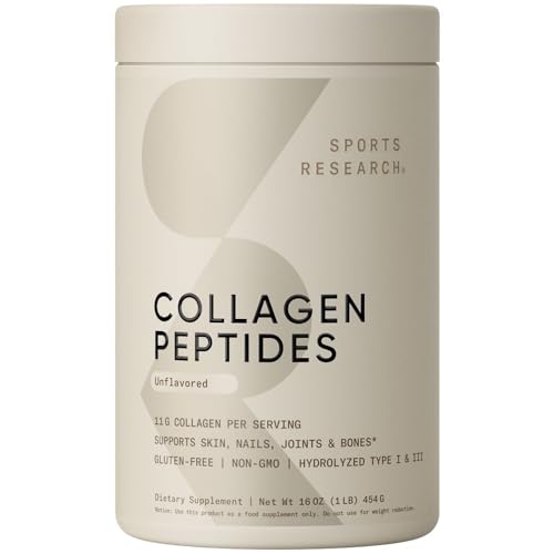 Sports Research Collagen Peptides for Women & Men – Hydrolyzed Type 1 & 3 Collagen Powder Protein Supplement for Healthy Skin, Nails, Bones & Joints – Easy Mixing Vital Nutrients & Proteins
