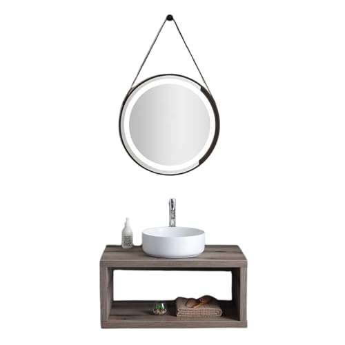 MONDO VIRO Mueble de baño colgante Paros 80 cm de roble fósil con lavabo redondo blanco y espejo – Diseño elegante y funcional para tu baño